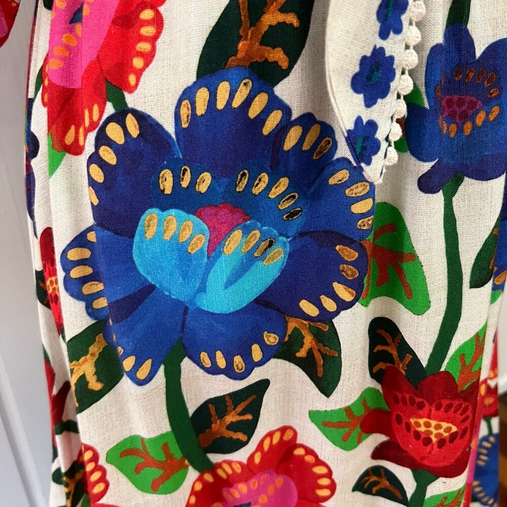 NEW Farm Rio Doce Flor Midi Dress M Floral Tie Front Linen Pom Pom - Picture 6 of 15